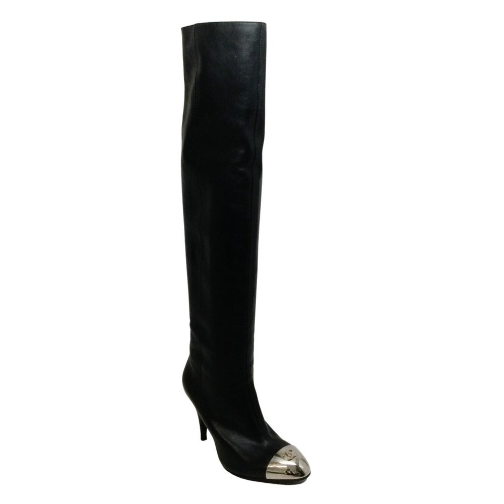 Chanel Black Leather Pull On with Silver Logo Cap Toe Boots/Booties
